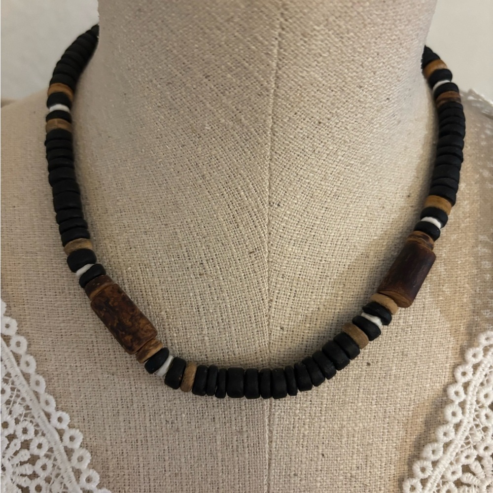 Black and Brown Beaded Necklace - Natural Wooden Accent